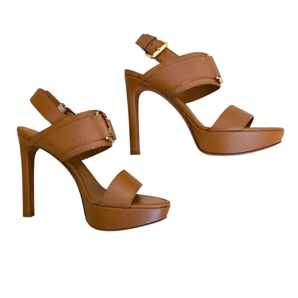 Louis Vuitton Platform Brown Leather Heel Sandals Logo Horizon IT 36.5 US 6.5